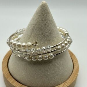 RMN Signed Wired Wrap Layered Faux Pearl Bracelet with Clear Beads Silver Tone